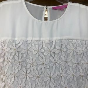 White Ivory Pearl Embroidered Floral Blouse Top S